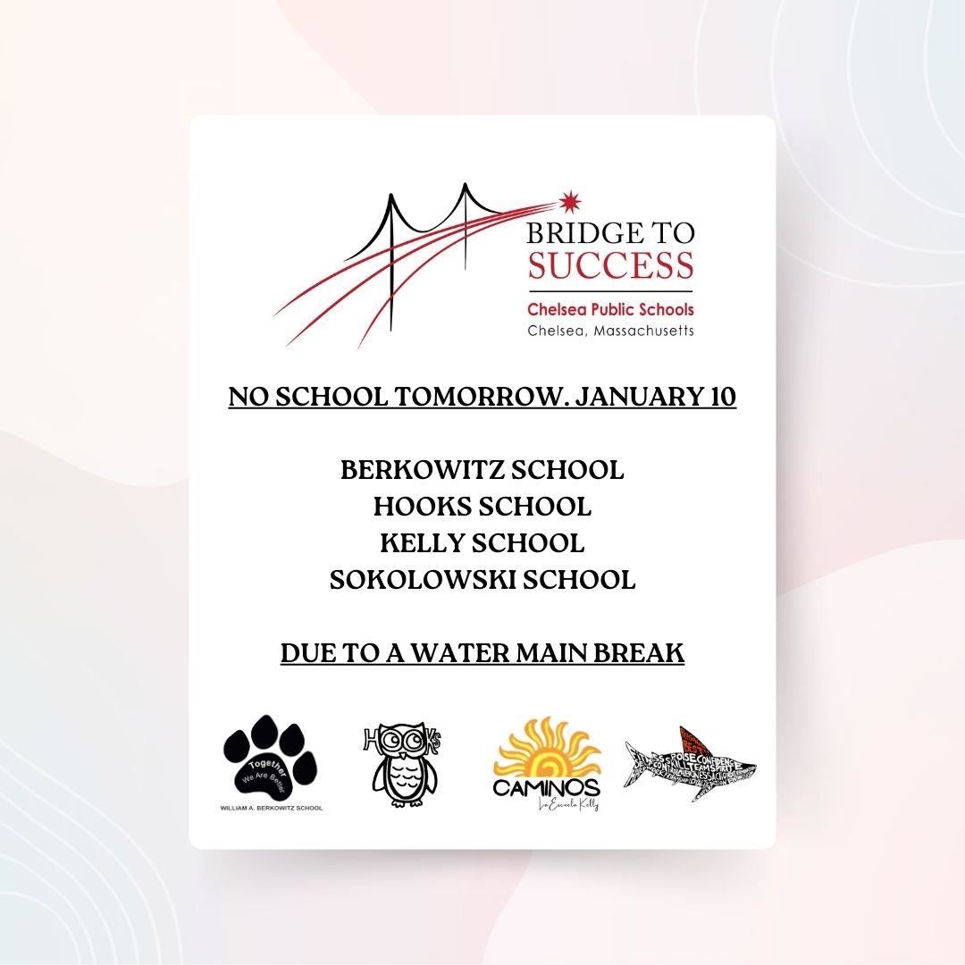 Graphic announcing that there will be no school at the Berkowitz, Hooks, Kelly and Sokolowski Schools on January 10th